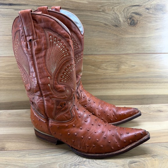 El Gallero Pointed Toe Boots Mens 8 Ostrich Embossed Leather Saddle Brown Tribal
